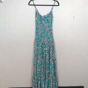 Alive Girl Teal Green Floral Tiered Spaghetti Strap Maxi Dress size 6 NWT